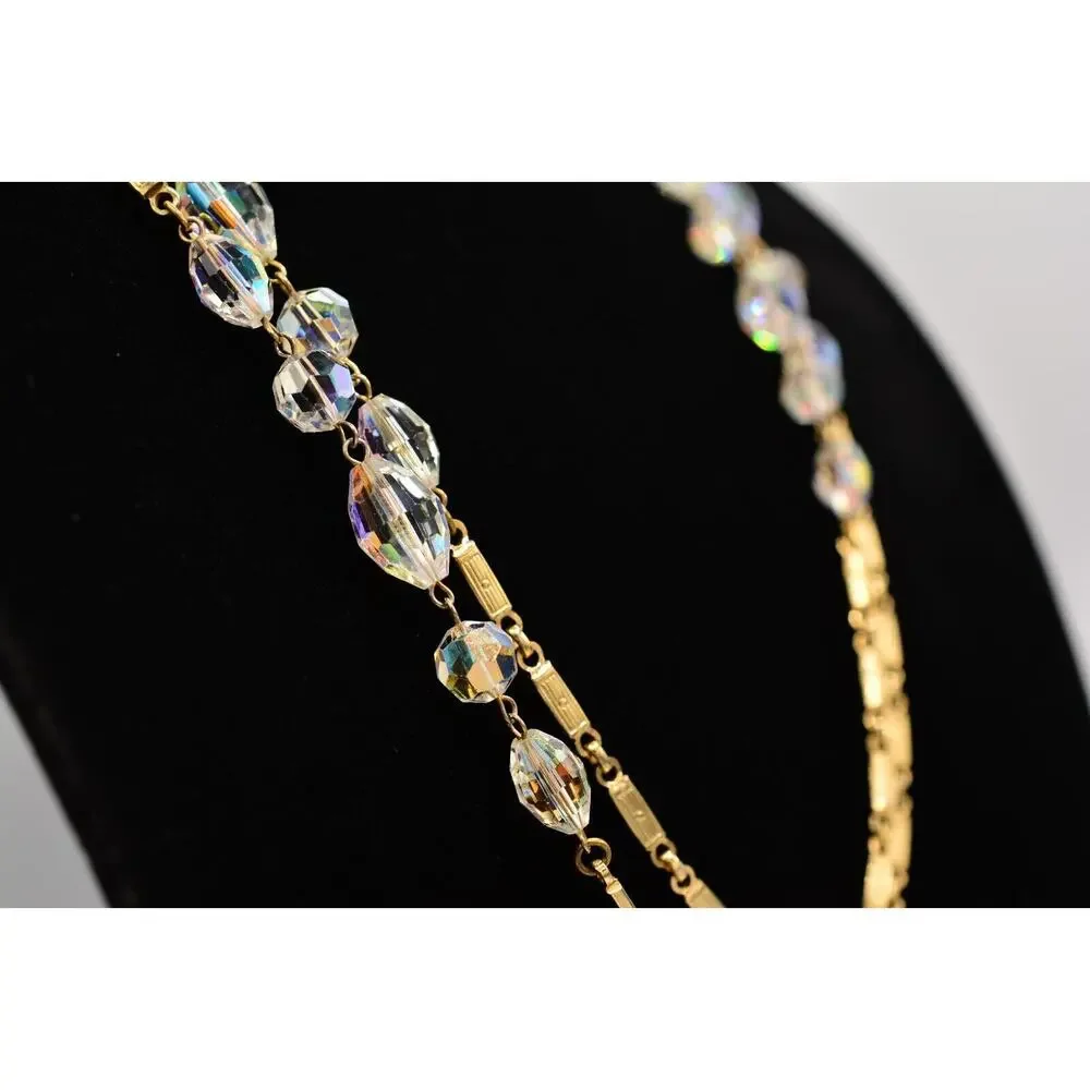 Vintage Crystal Necklace Gold Tone Chain Aurora Borealis Glass Long Sparkling 9J